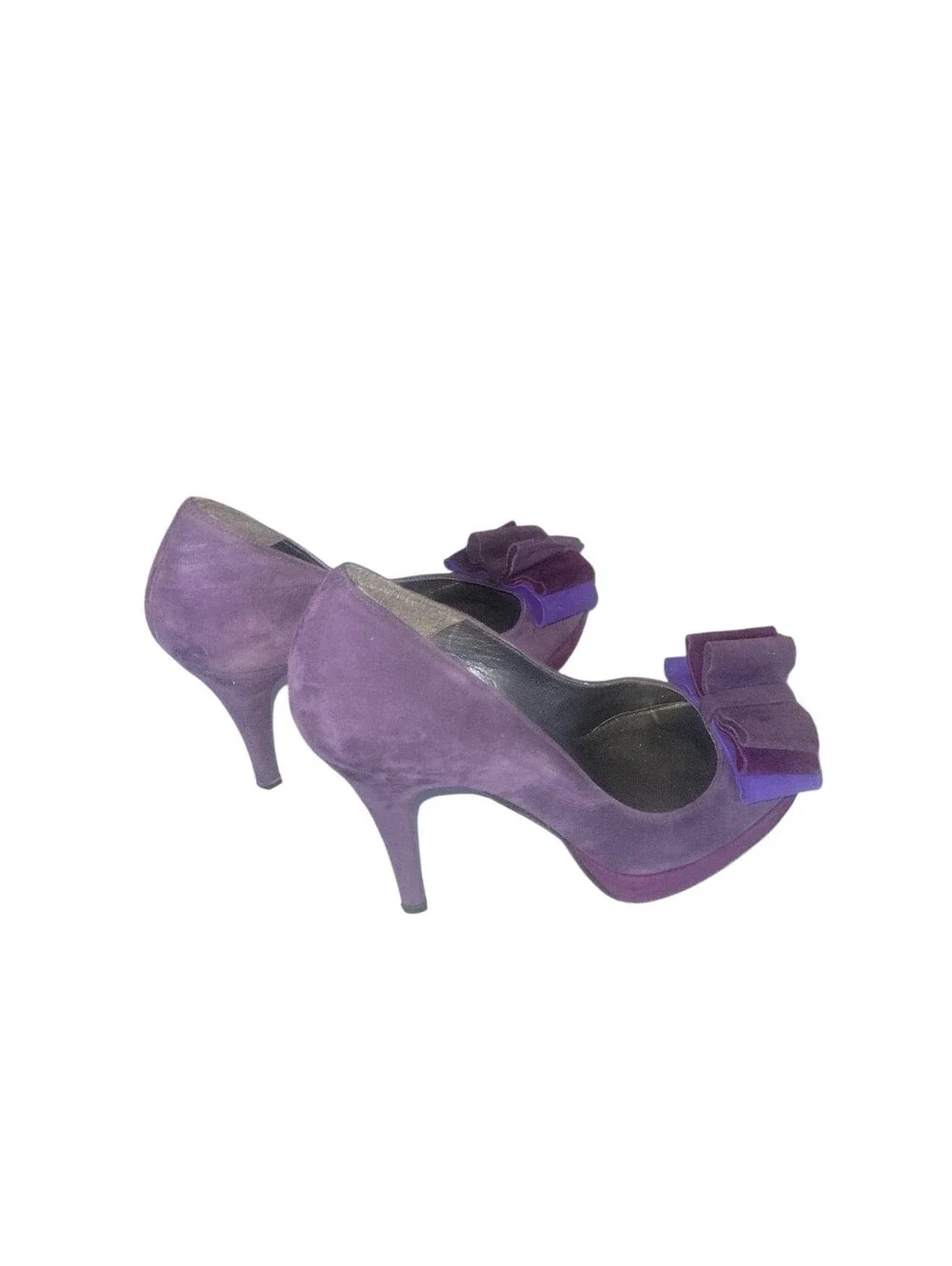 Stuart Weitzman Purple Suede Peep-Toe Pumps with Layered Bow Stiletto Heels 6M